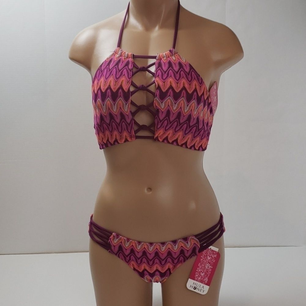 NWT Hula Honey Chevron Lace-Up Halter Bikini Set - Pink & Orange Zig Zag